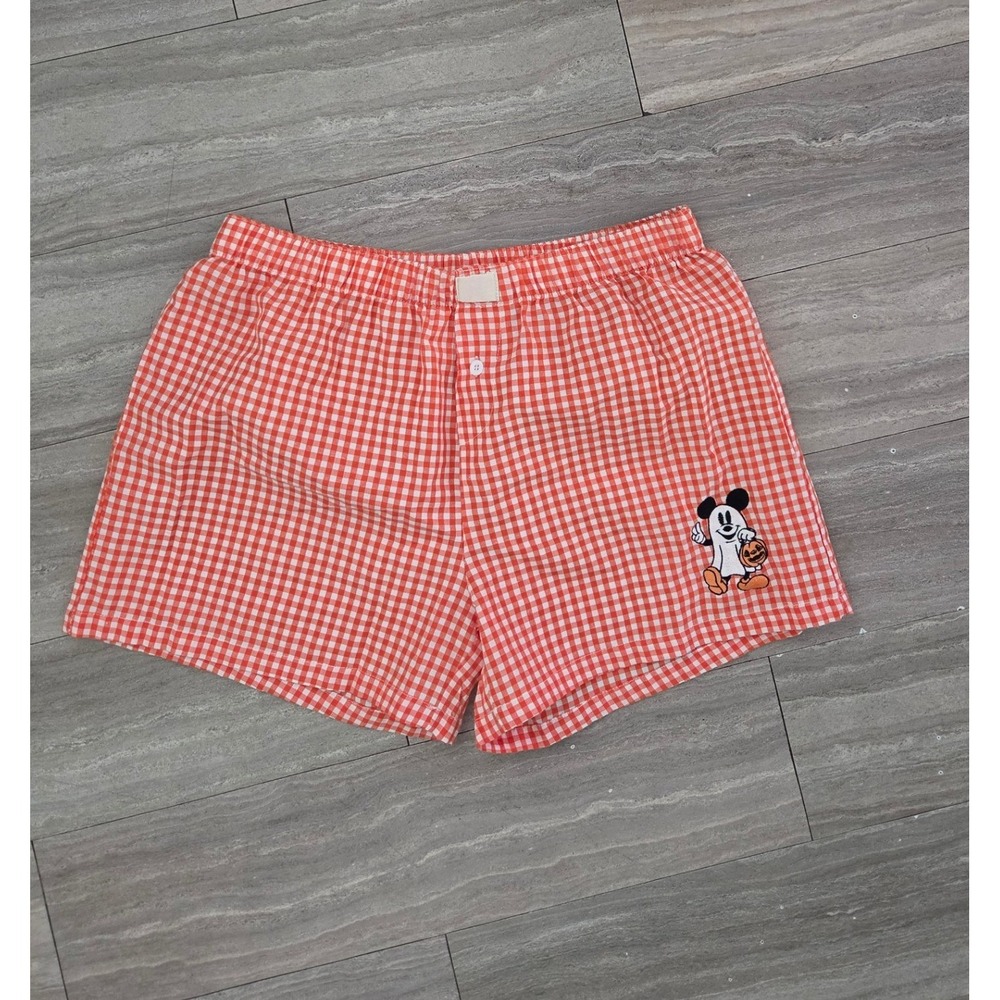 Disney Mickey Mouse Ghost Halloween Gingham Pajama Shorts Orange White 2XL